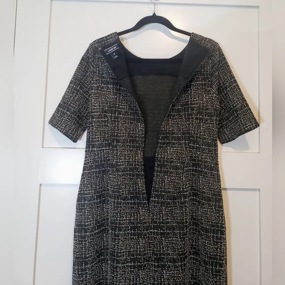 Lands' End Midi Dress Short Sleeves Pockets Stretch Size 12 Black Tan Print - Picture 13 of 16